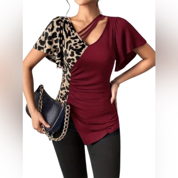 NWOT, Emery Rose, Stretch Asymmetrical Leopard And Red Blouse, 2X - Picture 10 of 11